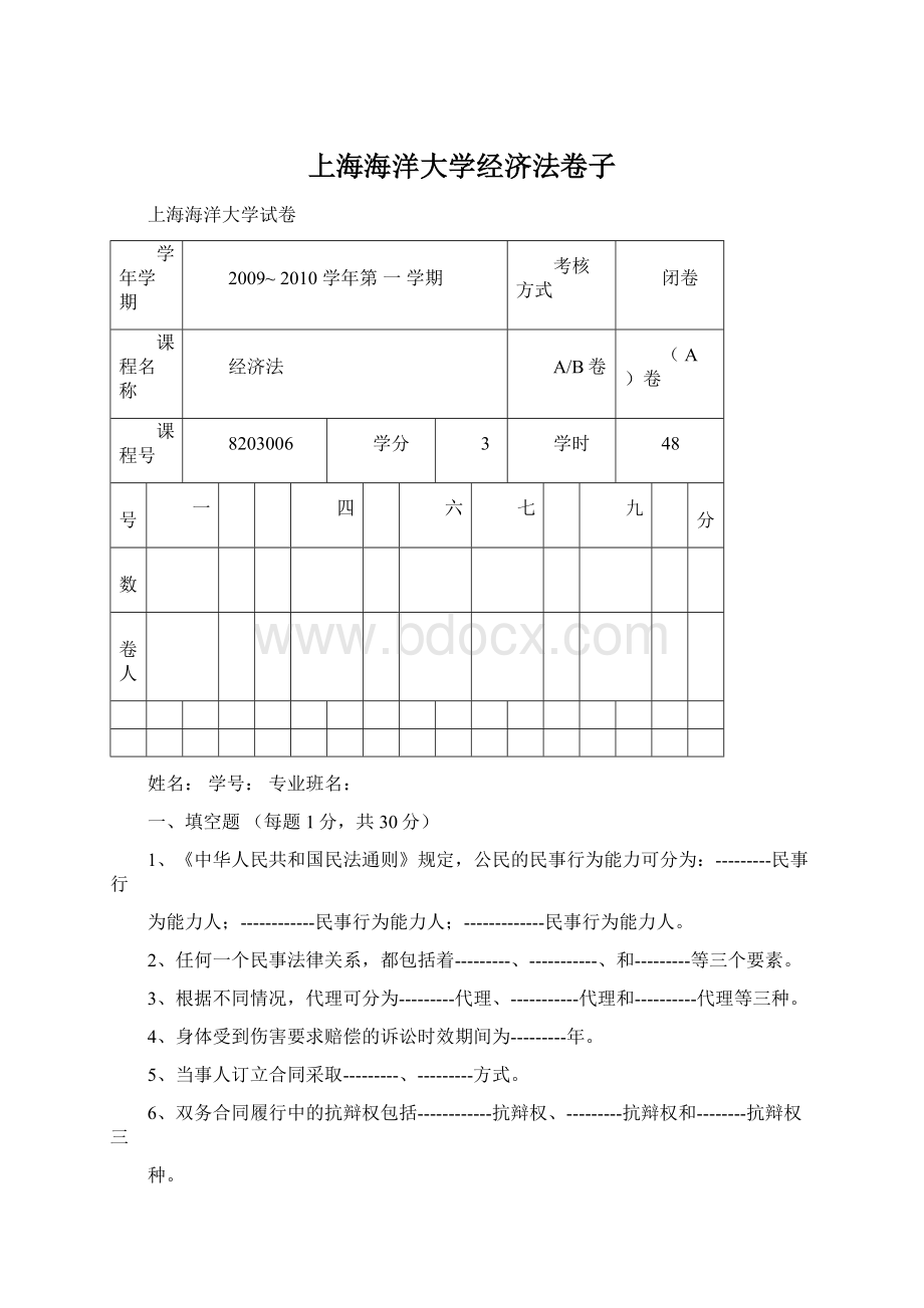 上海海洋大学经济法卷子.docx_第1页