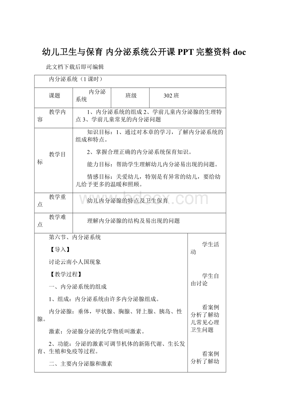 幼儿卫生与保育 内分泌系统公开课PPT完整资料docWord文件下载.docx