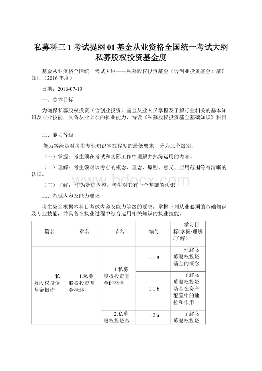 私募科三1考试提纲01基金从业资格全国统一考试大纲私募股权投资基金度.docx_第1页