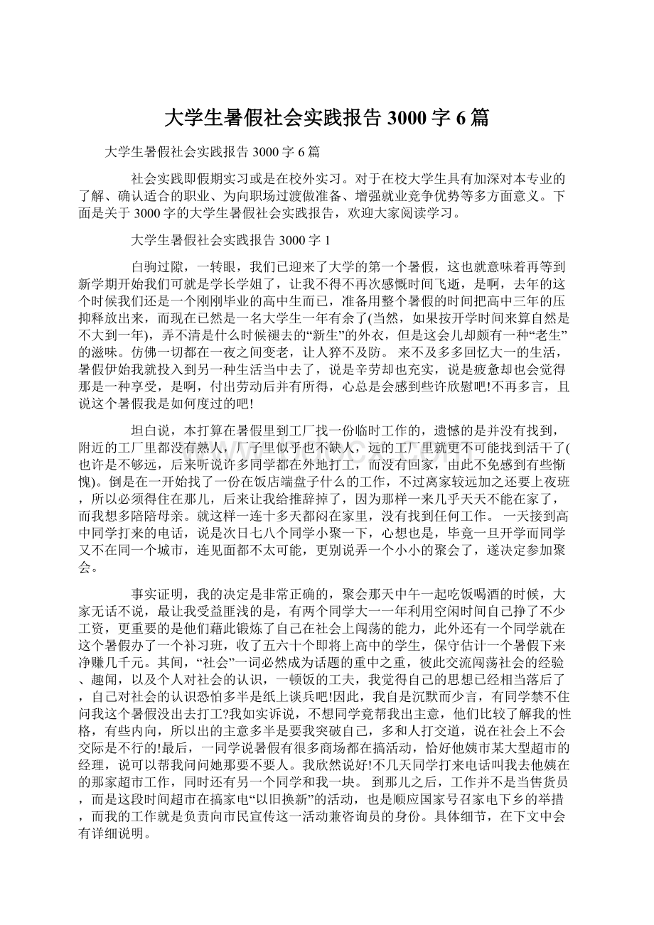 大学生暑假社会实践报告3000字6篇Word文档下载推荐.docx_第1页