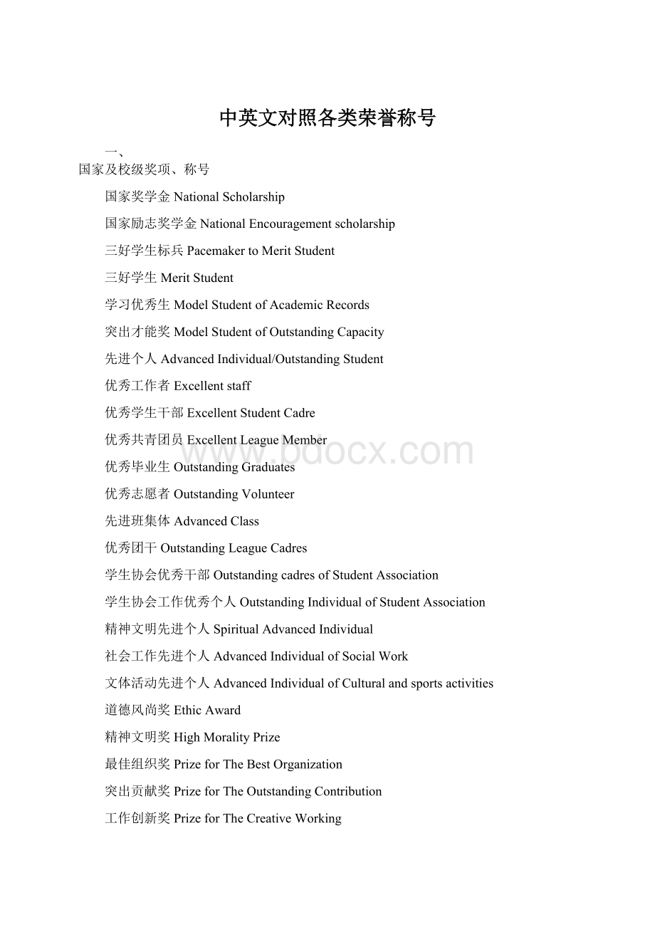 中英文对照各类荣誉称号Word文档格式.docx_第1页