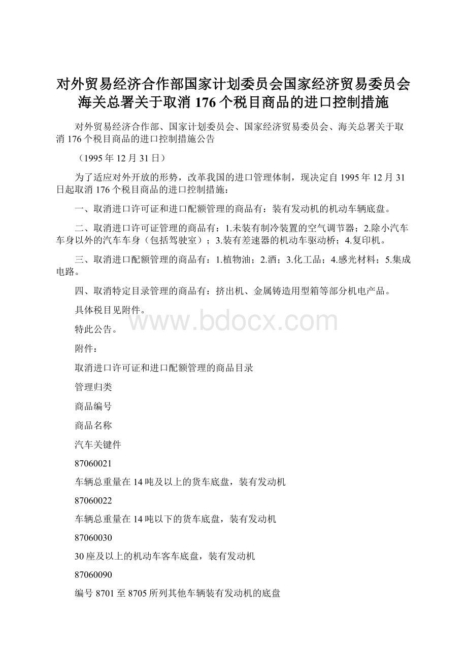 对外贸易经济合作部国家计划委员会国家经济贸易委员会海关总署关于取消176个税目商品的进口控制措施Word格式.docx_第1页