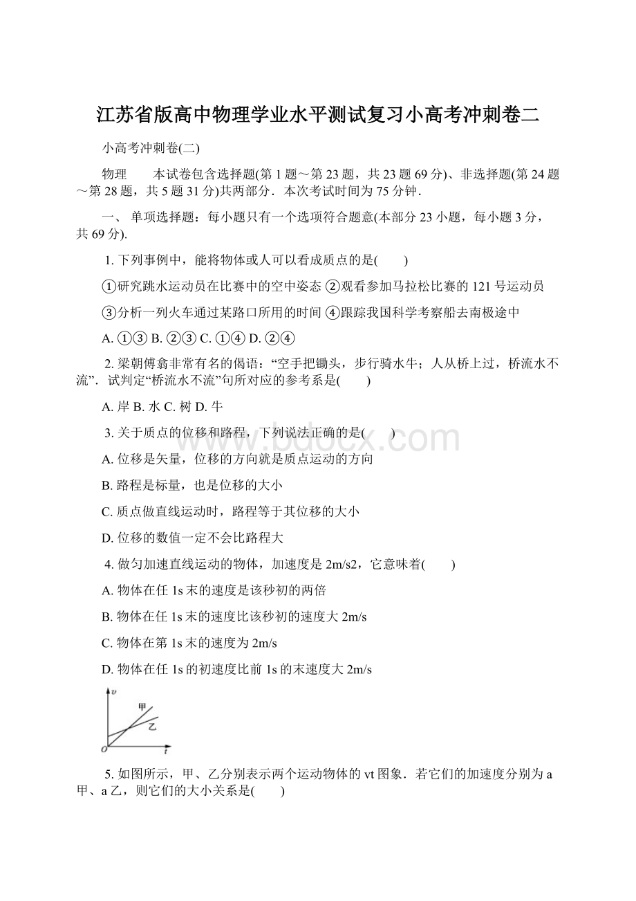 江苏省版高中物理学业水平测试复习小高考冲刺卷二.docx