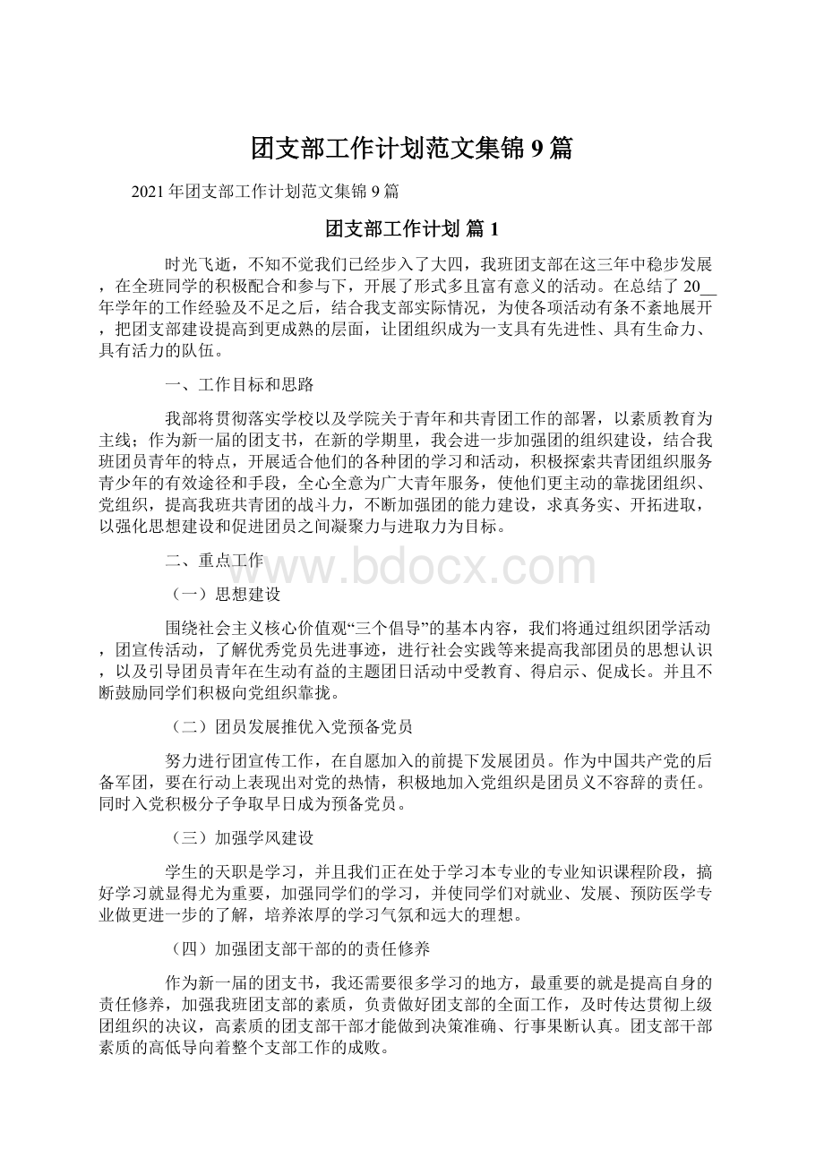 团支部工作计划范文集锦9篇Word格式.docx_第1页