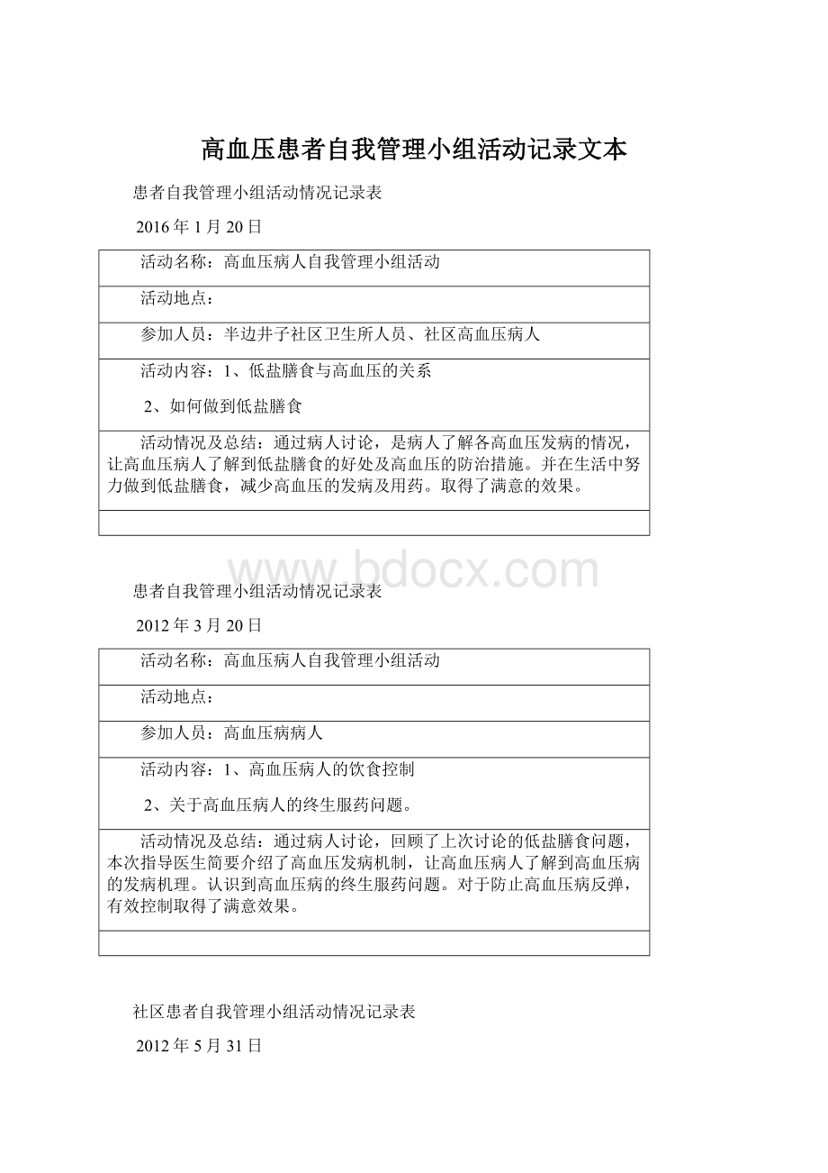 高血压患者自我管理小组活动记录文本Word下载.docx