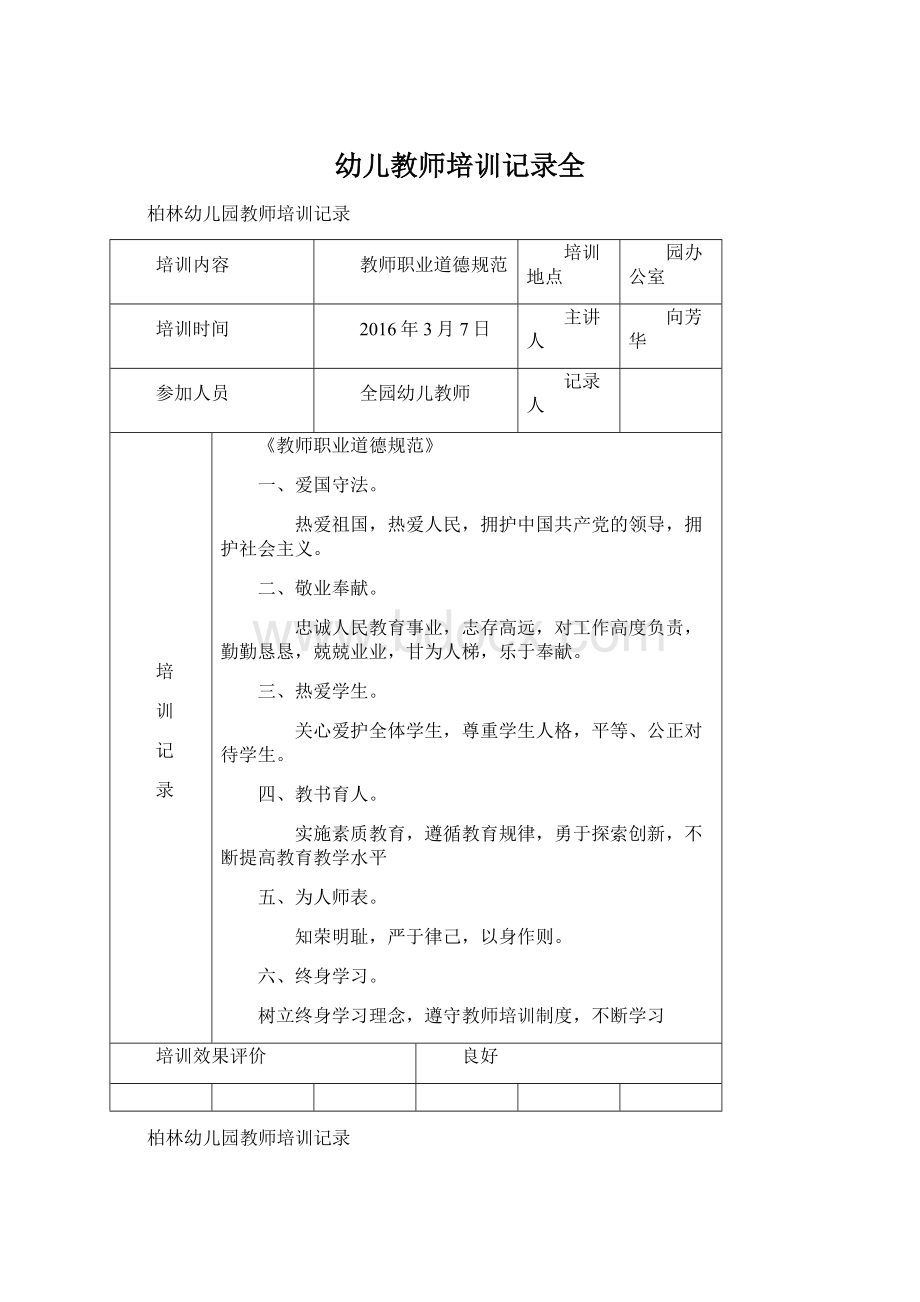 幼儿教师培训记录全Word格式.docx_第1页