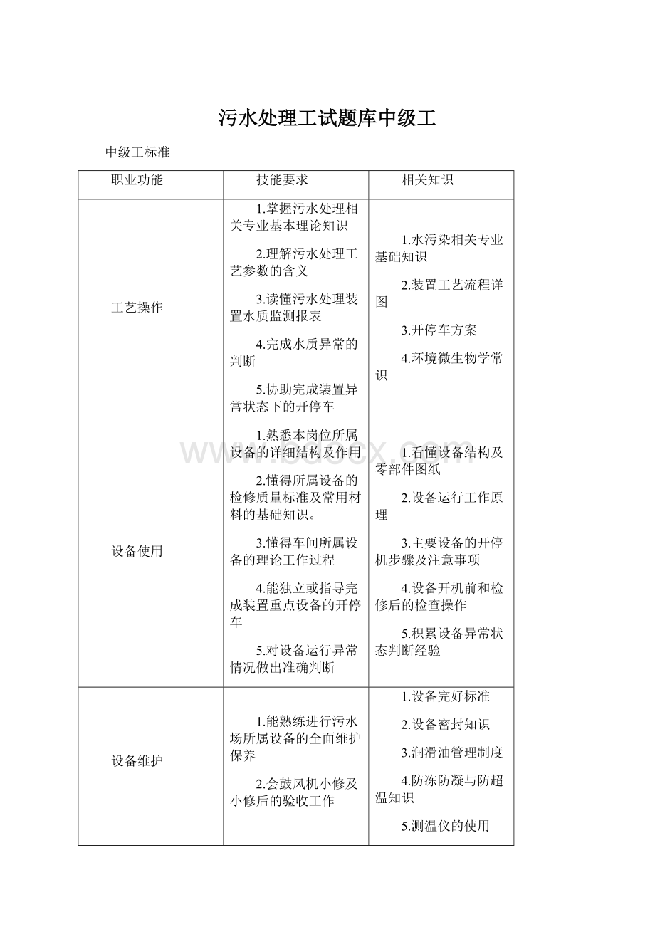 污水处理工试题库中级工Word文档格式.docx_第1页