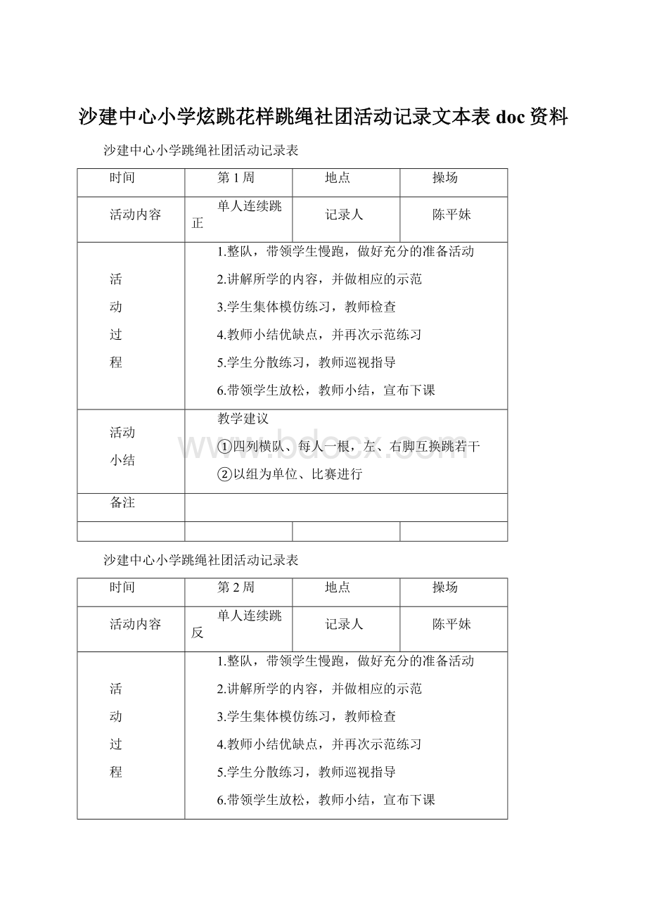 沙建中心小学炫跳花样跳绳社团活动记录文本表doc资料.docx