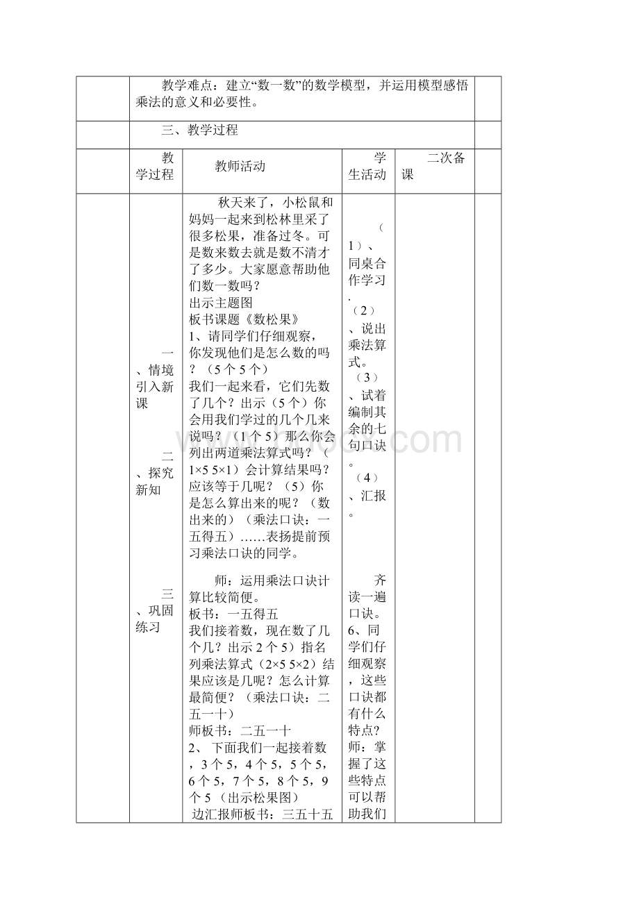 最新北师大版 小学二年级数学上册第五单元教案表格式.docx_第3页