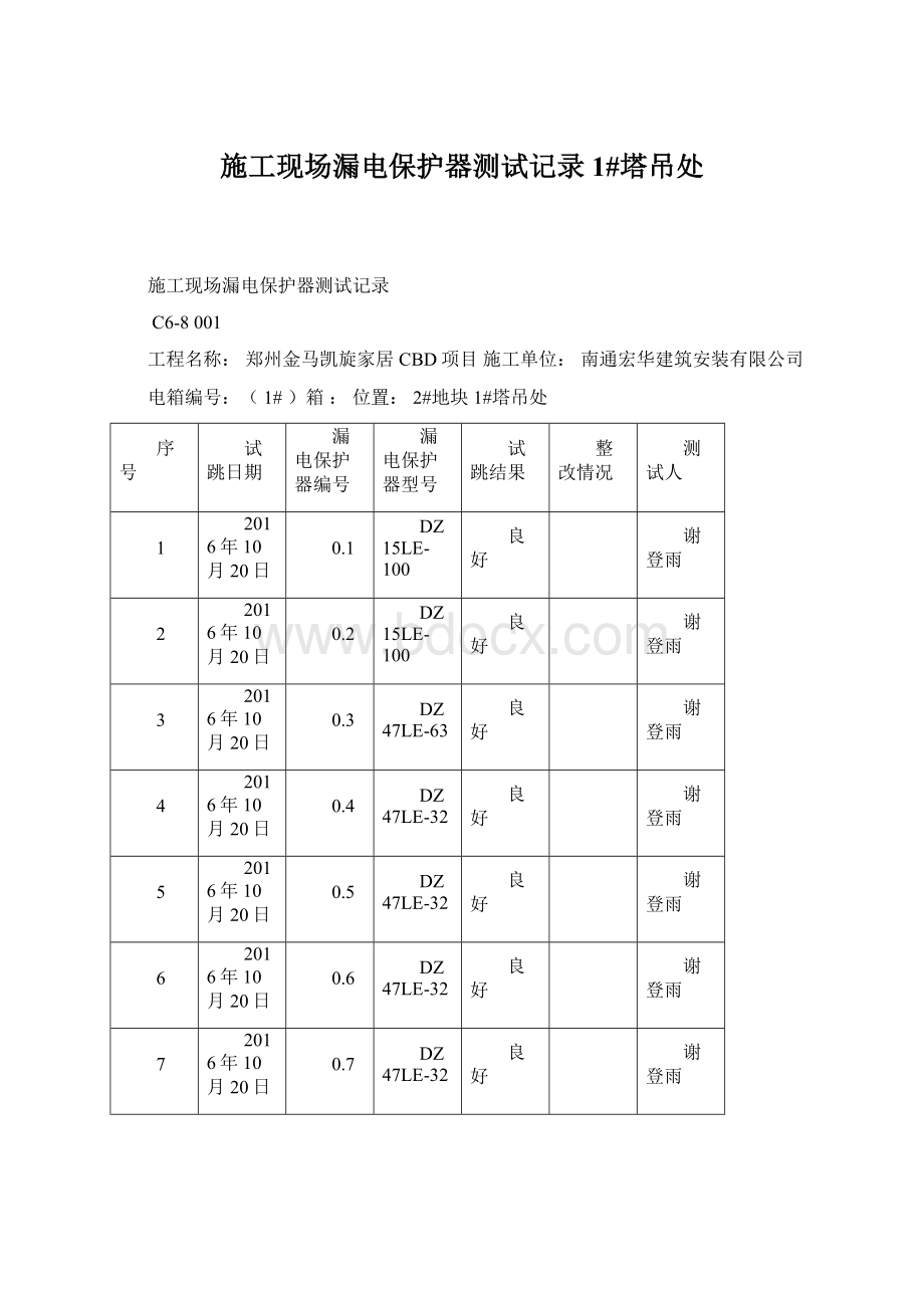 施工现场漏电保护器测试记录1#塔吊处.docx_第1页