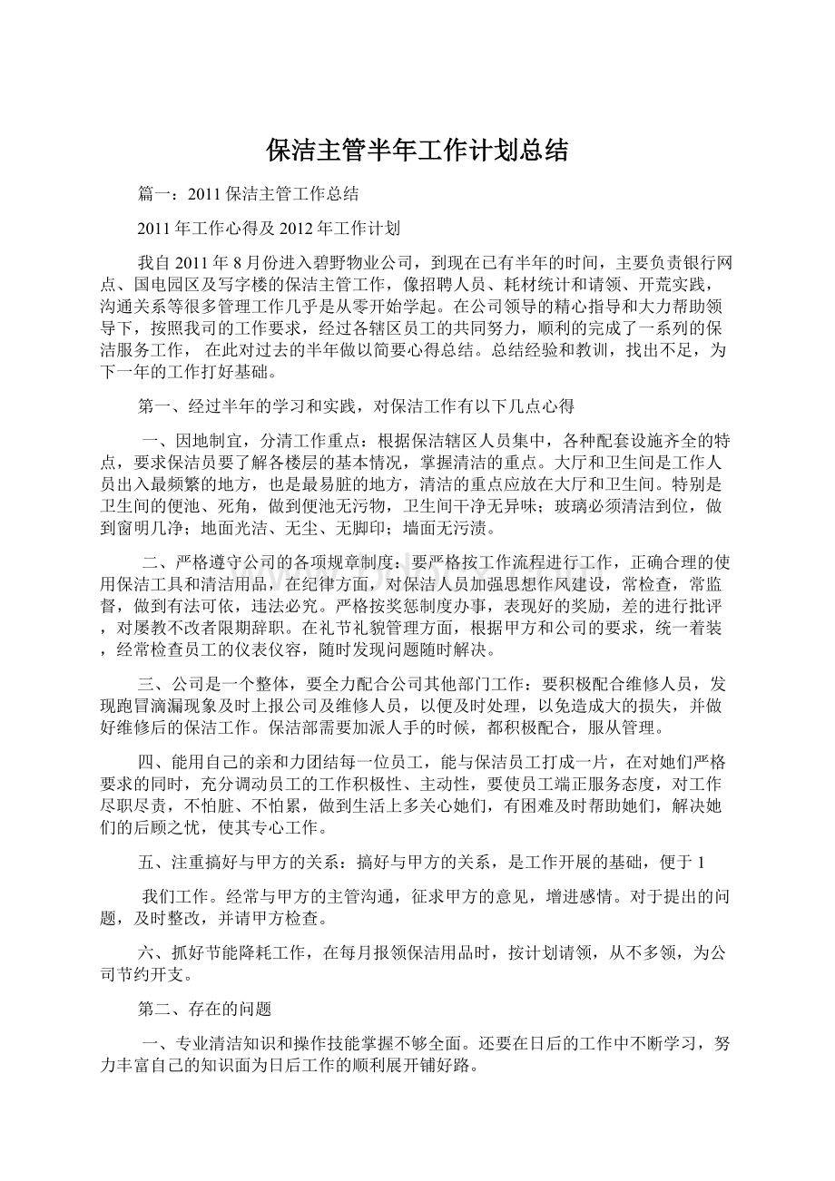 保洁主管半年工作计划总结文档格式.docx