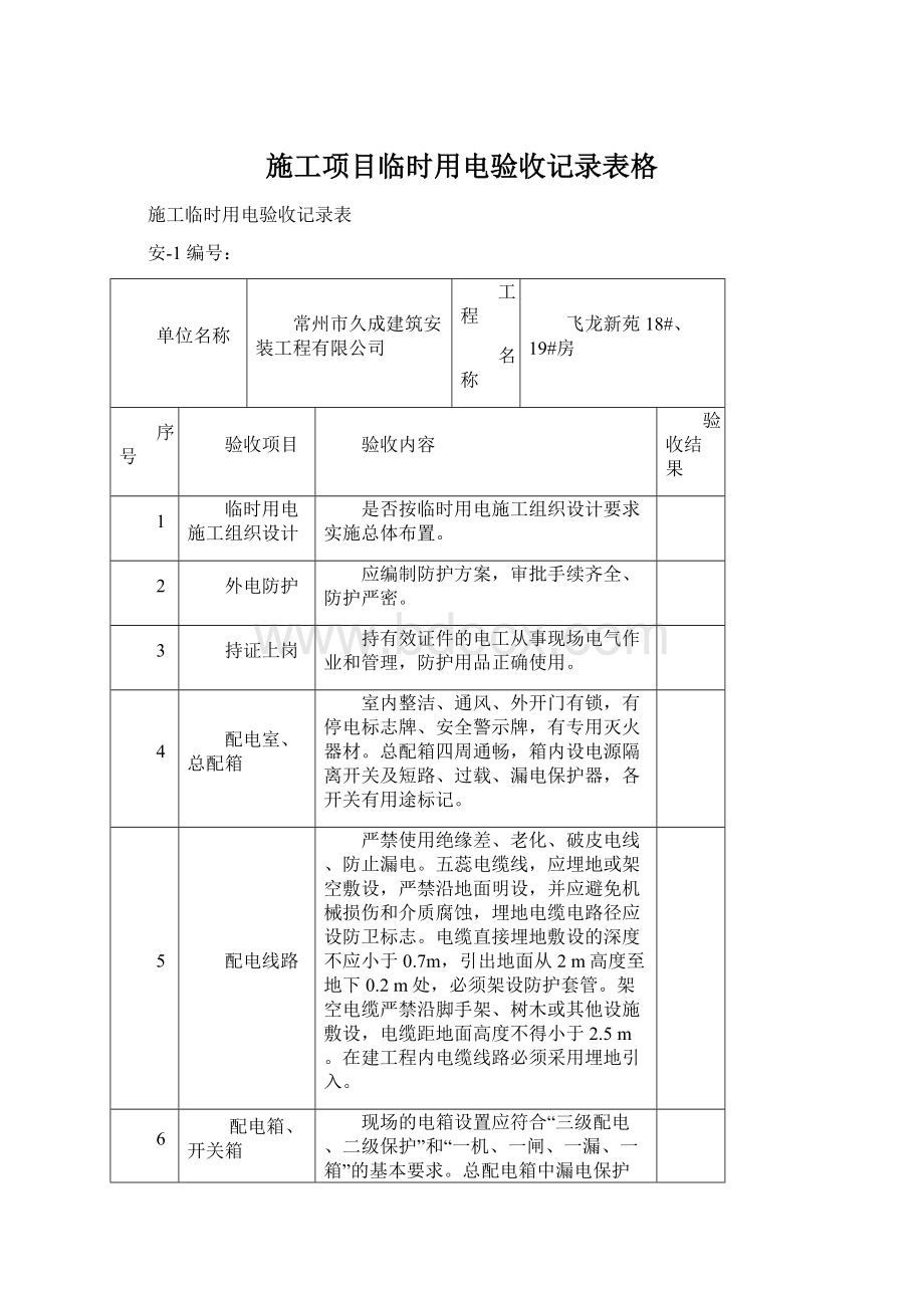 施工项目临时用电验收记录表格.docx_第1页