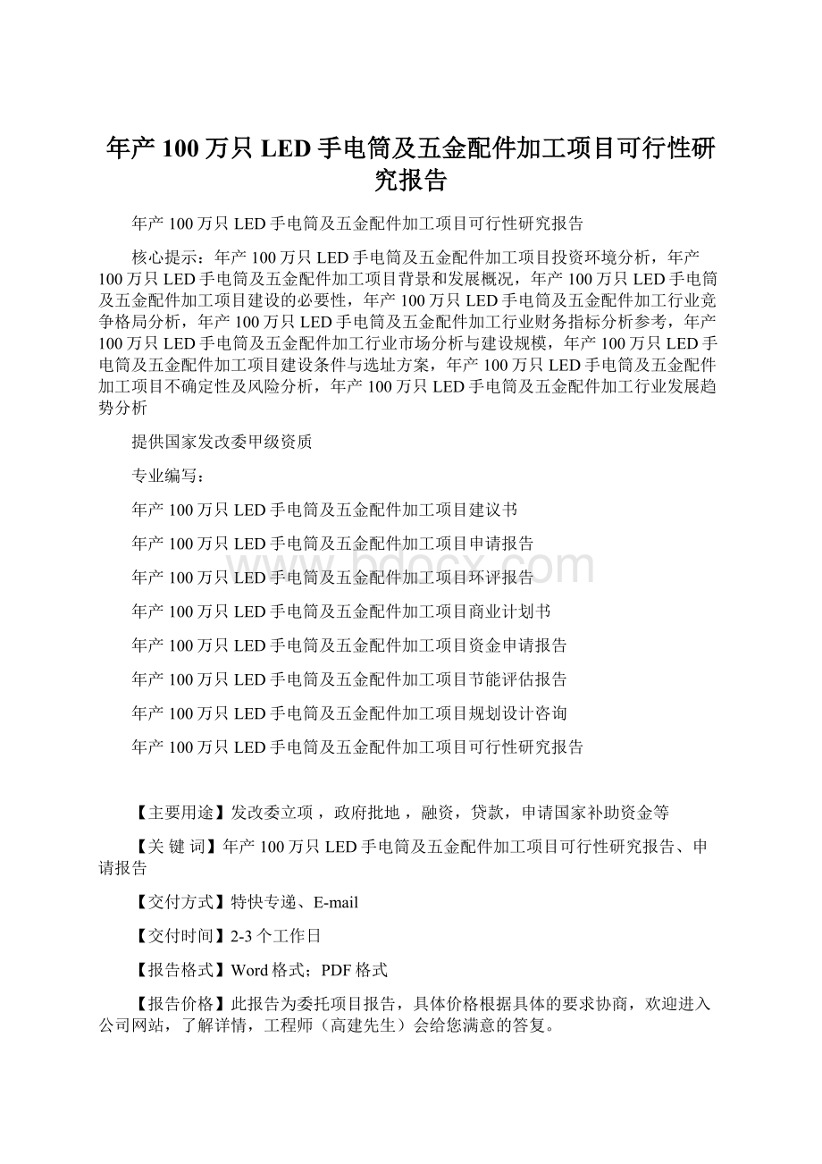 年产100万只LED手电筒及五金配件加工项目可行性研究报告.docx_第1页