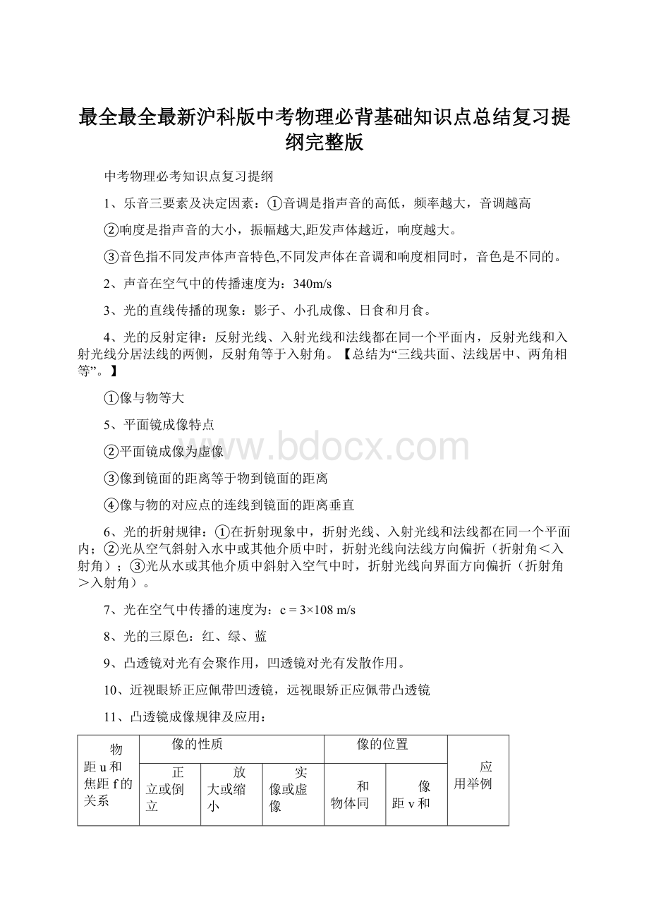 最全最全最新沪科版中考物理必背基础知识点总结复习提纲完整版.docx_第1页