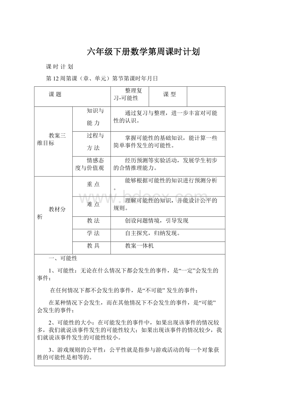 六年级下册数学第周课时计划Word格式.docx