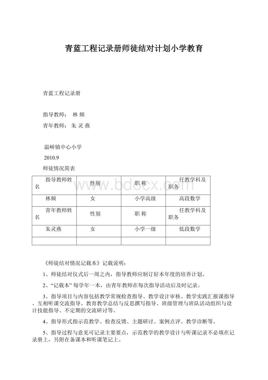 青蓝工程记录册师徒结对计划小学教育文档格式.docx