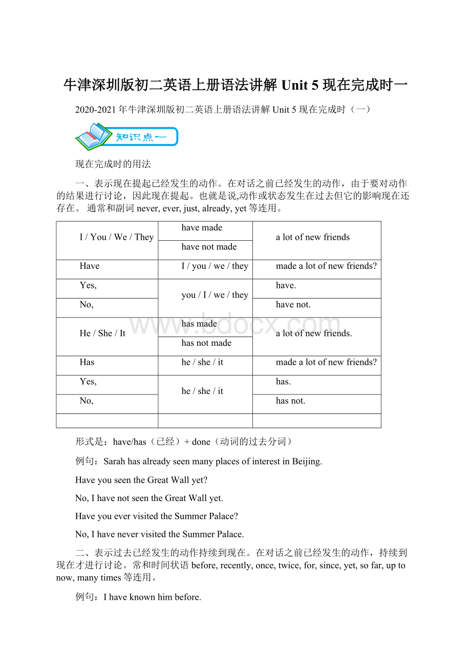 牛津深圳版初二英语上册语法讲解 Unit 5 现在完成时一Word格式.docx