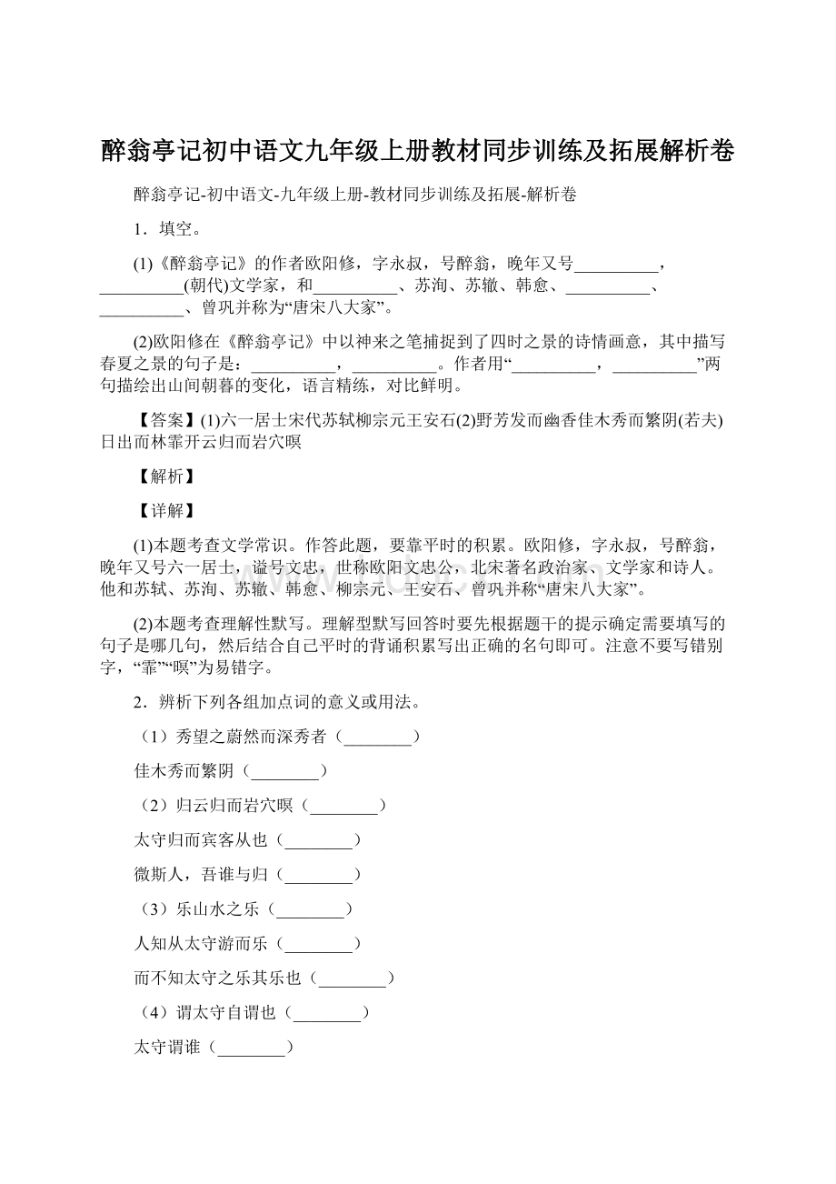 醉翁亭记初中语文九年级上册教材同步训练及拓展解析卷文档格式.docx