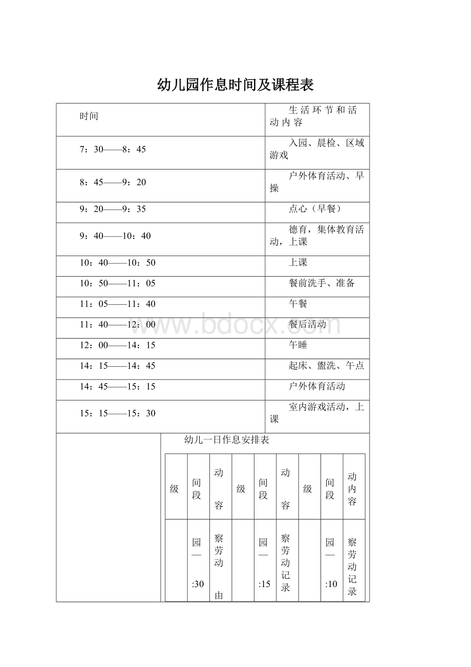 幼儿园作息时间及课程表文档格式.docx