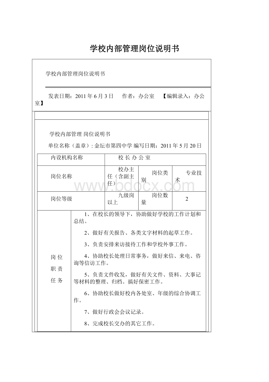 学校内部管理岗位说明书Word格式文档下载.docx