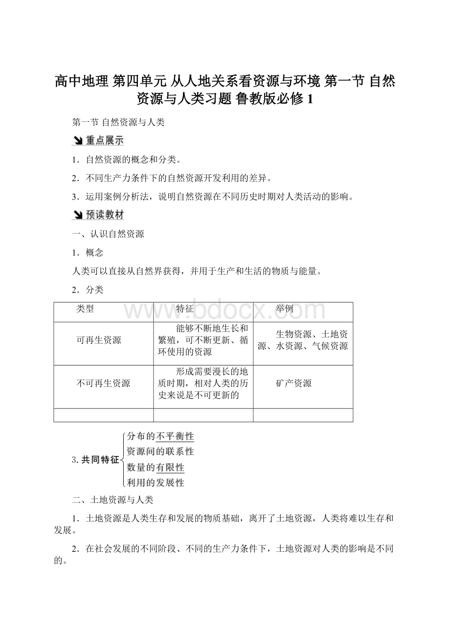 高中地理 第四单元 从人地关系看资源与环境 第一节 自然资源与人类习题 鲁教版必修1Word文档下载推荐.docx_第1页