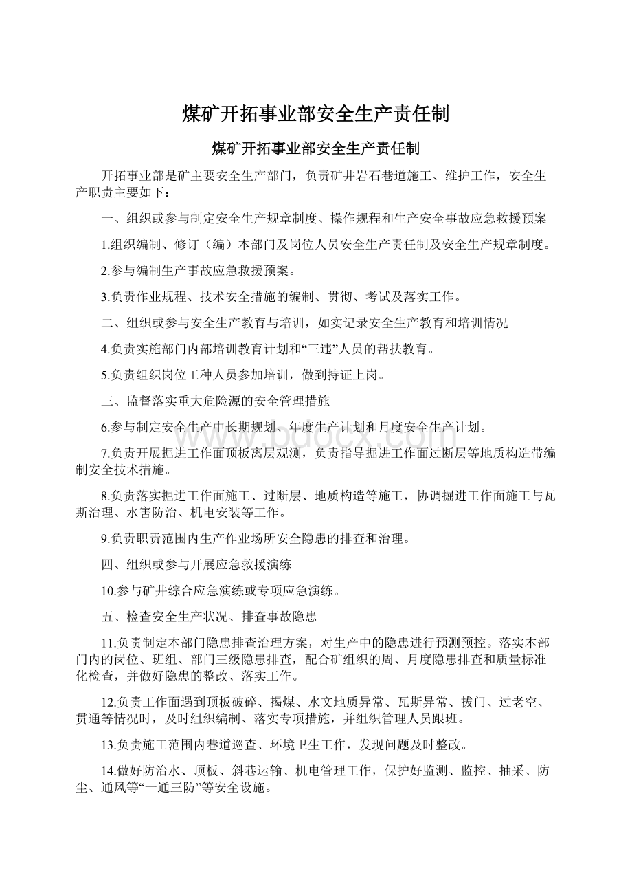 煤矿开拓事业部安全生产责任制.docx