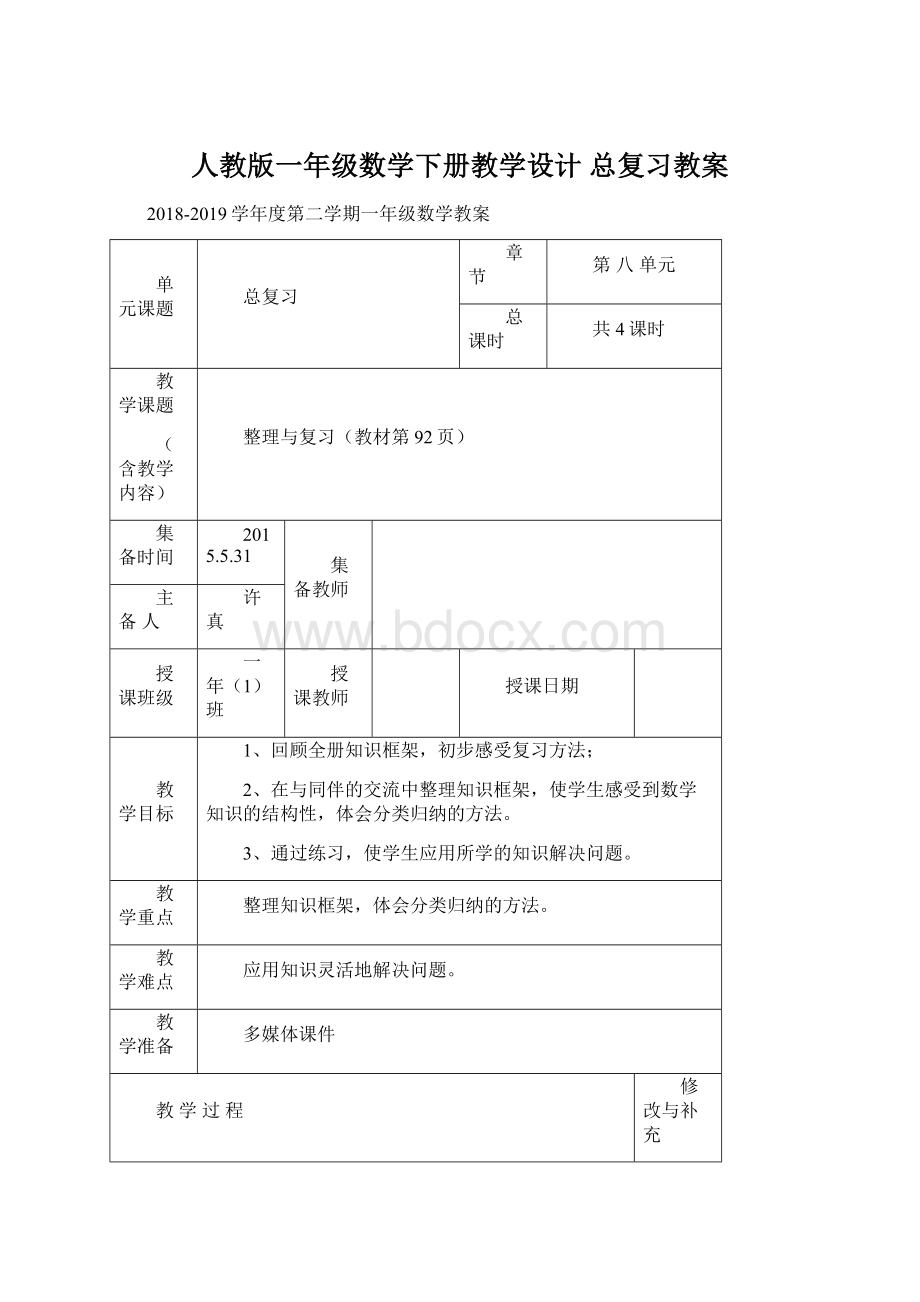 人教版一年级数学下册教学设计 总复习教案.docx_第1页