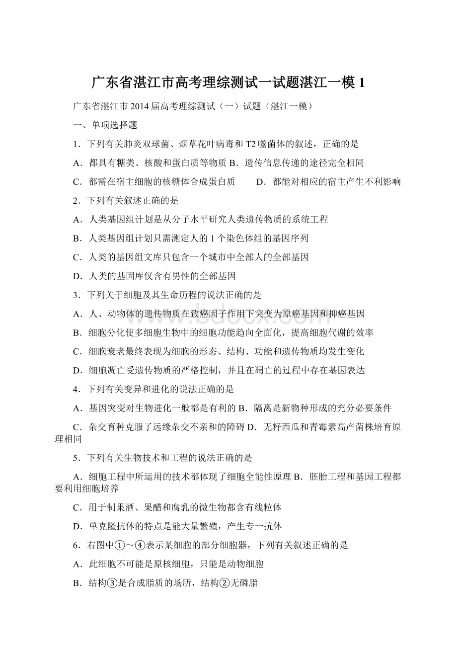 广东省湛江市高考理综测试一试题湛江一模1.docx