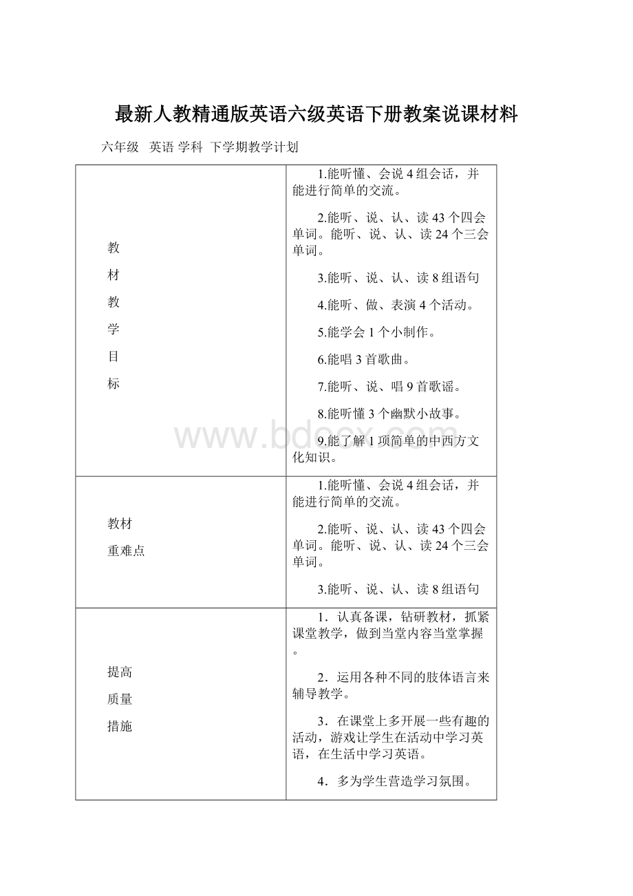 最新人教精通版英语六级英语下册教案说课材料.docx_第1页