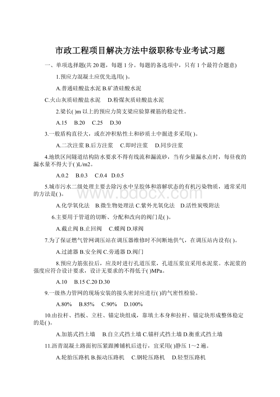 市政工程项目解决方法中级职称专业考试习题.docx_第1页