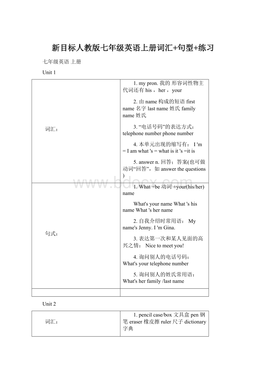 新目标人教版七年级英语上册词汇+句型+练习Word下载.docx