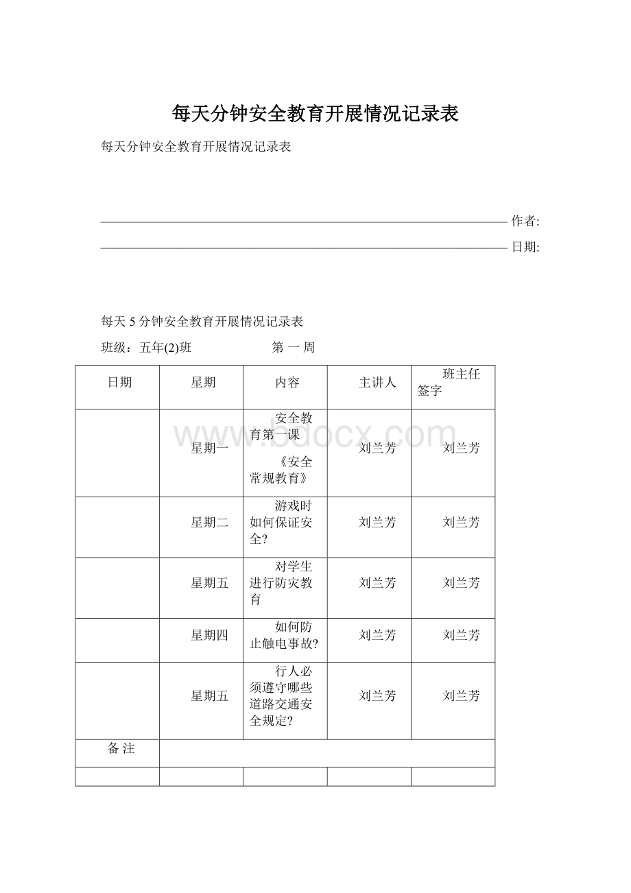 每天分钟安全教育开展情况记录表Word文档格式.docx_第1页