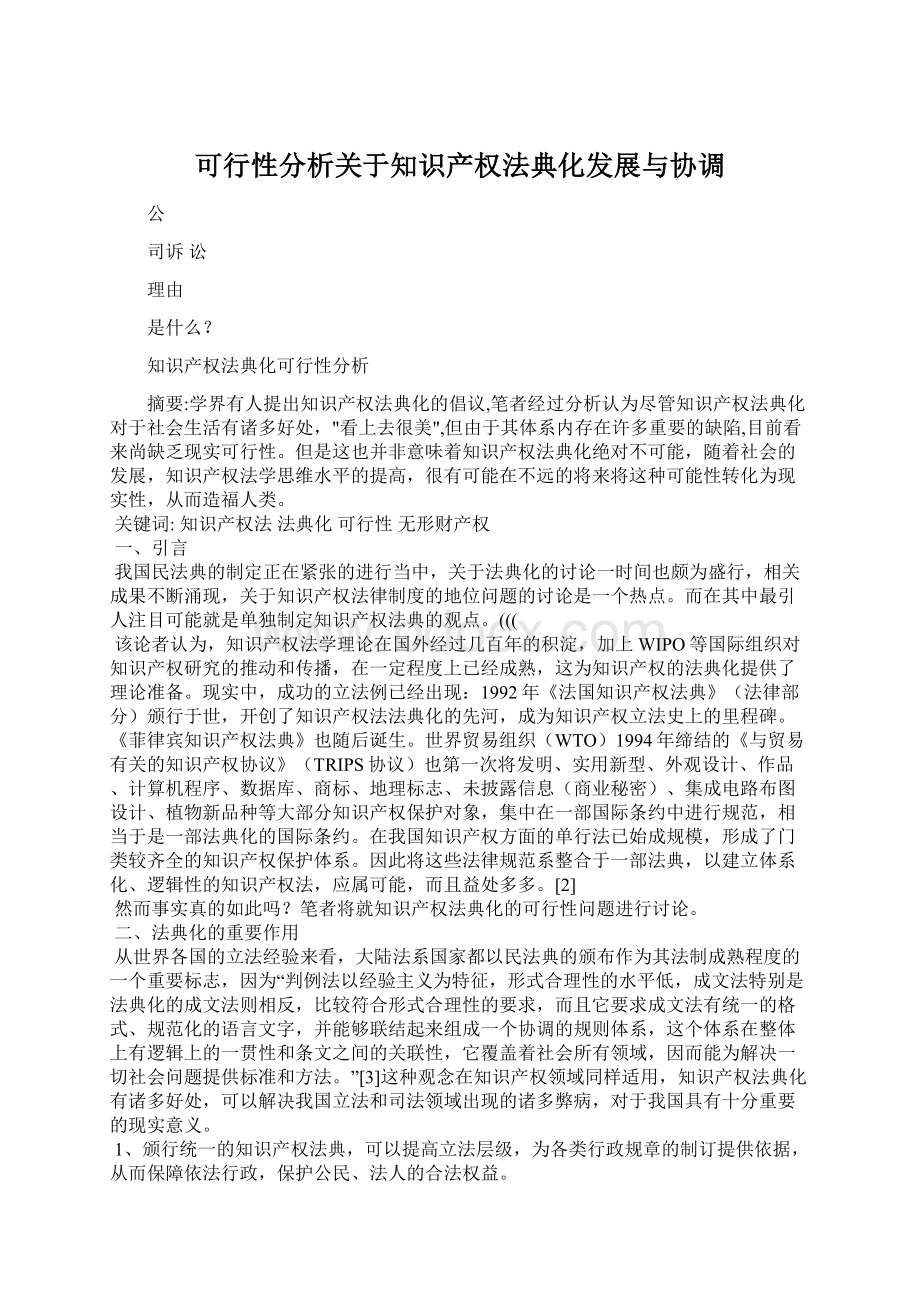 可行性分析关于知识产权法典化发展与协调文档格式.docx_第1页