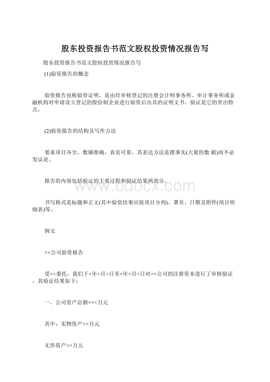 股东投资报告书范文股权投资情况报告写文档格式.docx