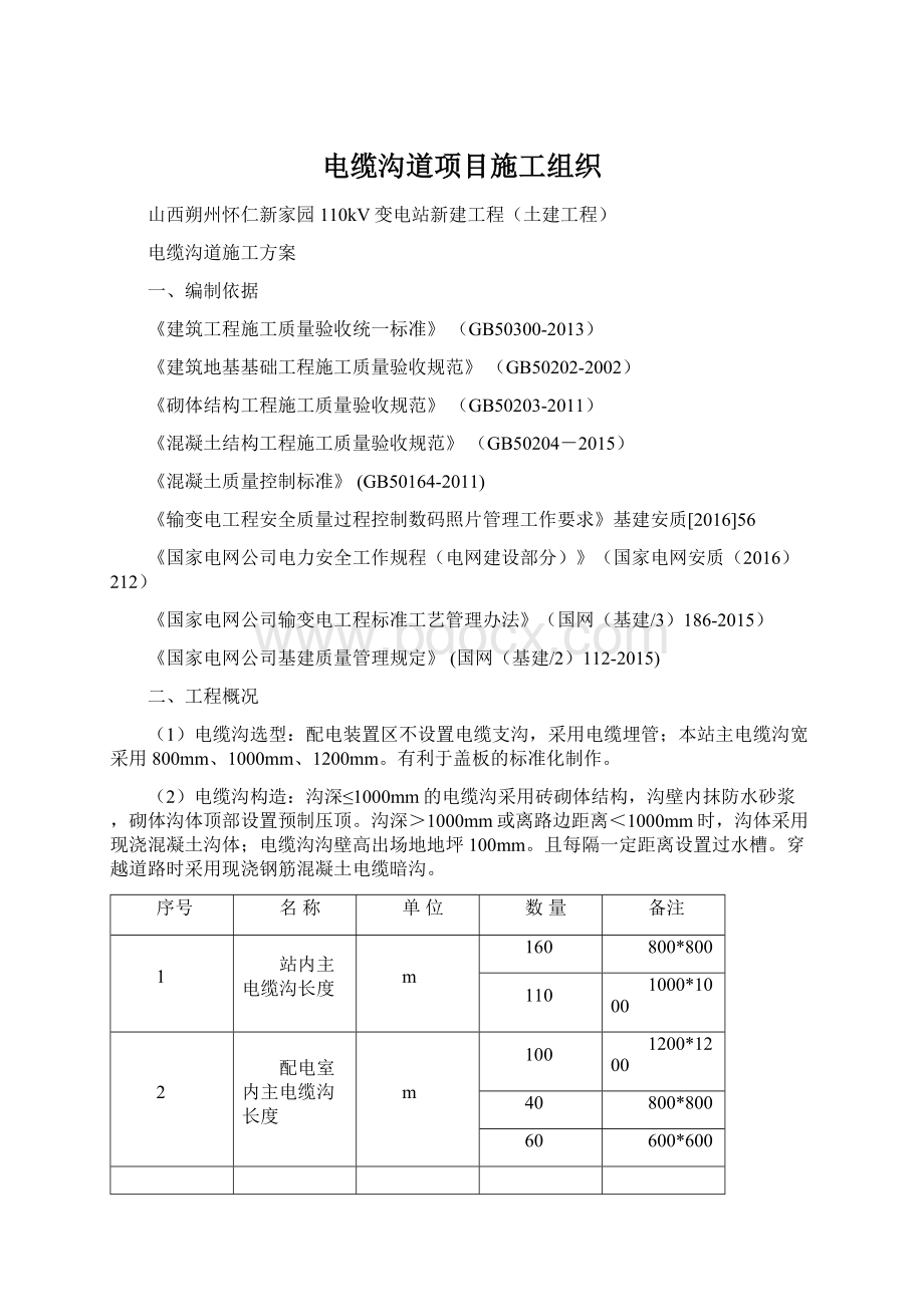 电缆沟道项目施工组织文档格式.docx