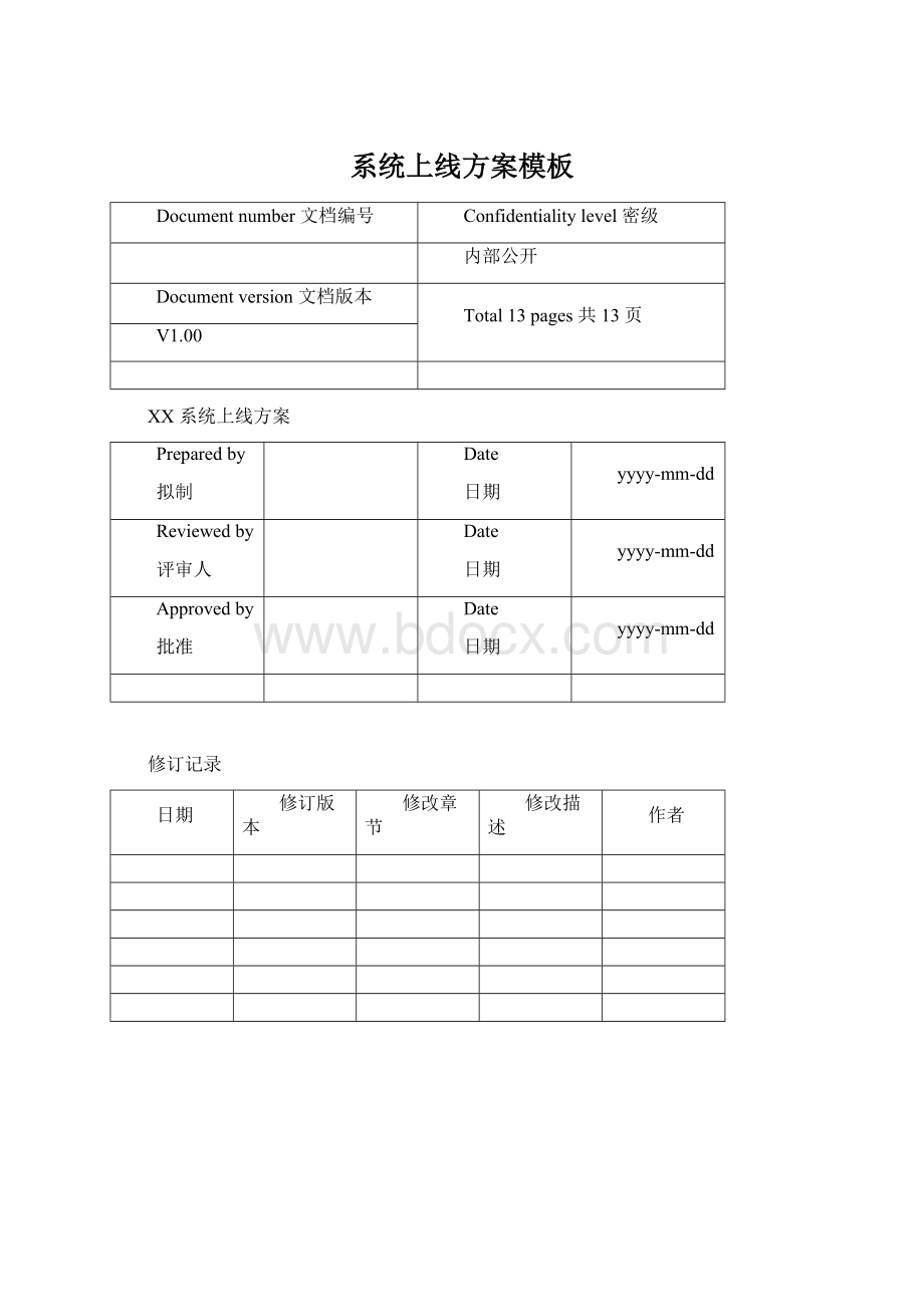 系统上线方案模板Word文档下载推荐.docx_第1页