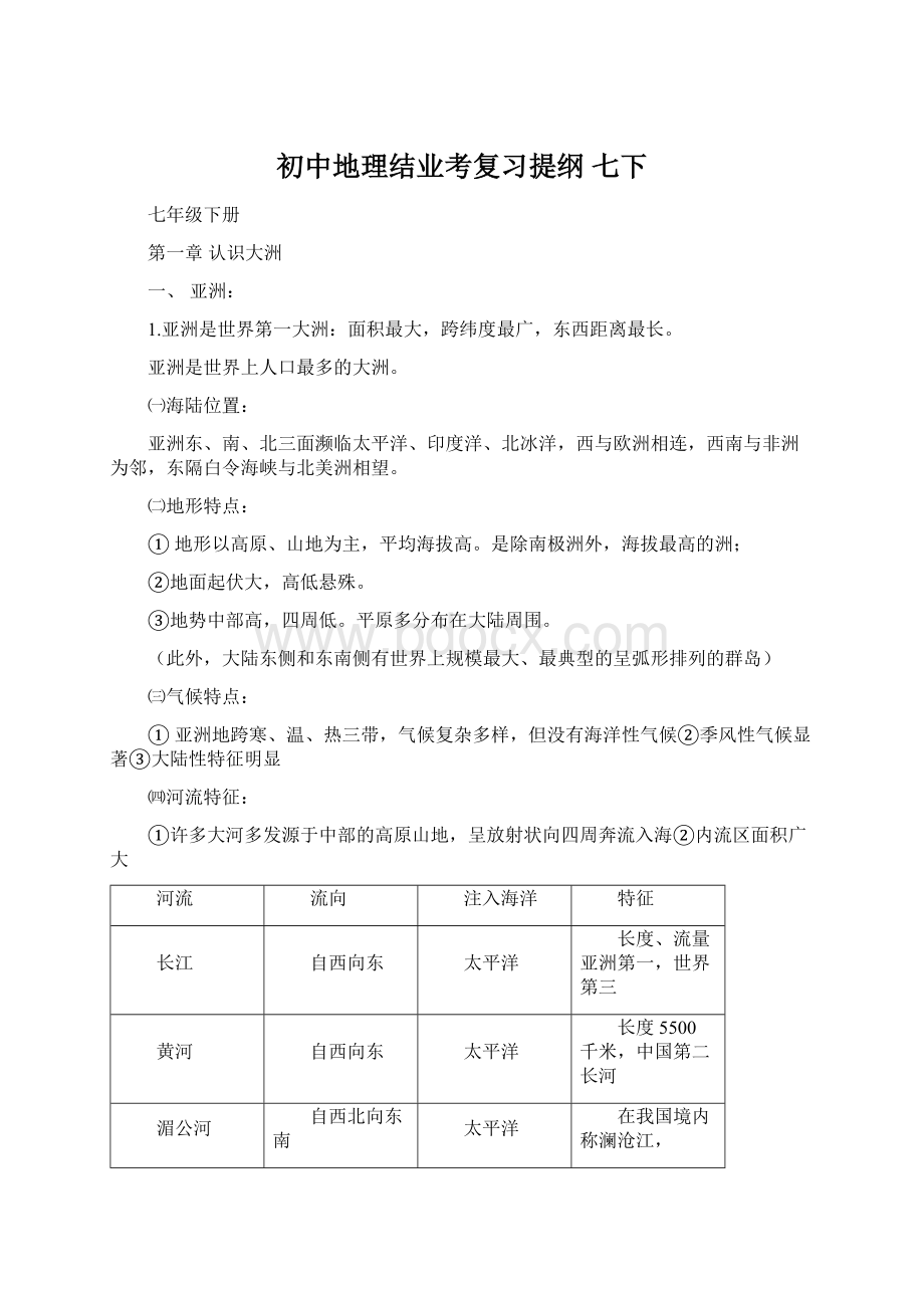 初中地理结业考复习提纲 七下Word下载.docx_第1页