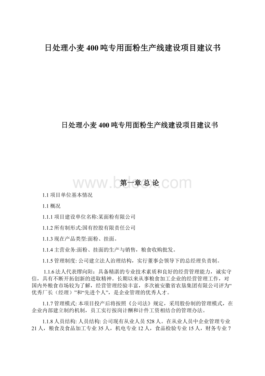 日处理小麦400吨专用面粉生产线建设项目建议书.docx_第1页