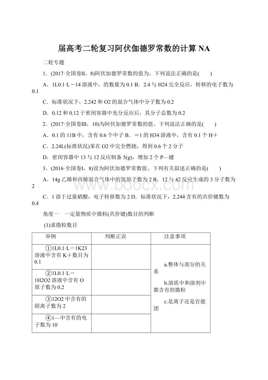 届高考二轮复习阿伏伽德罗常数的计算NAWord格式文档下载.docx_第1页