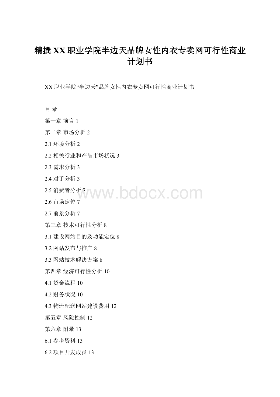 精撰XX职业学院半边天品牌女性内衣专卖网可行性商业计划书.docx