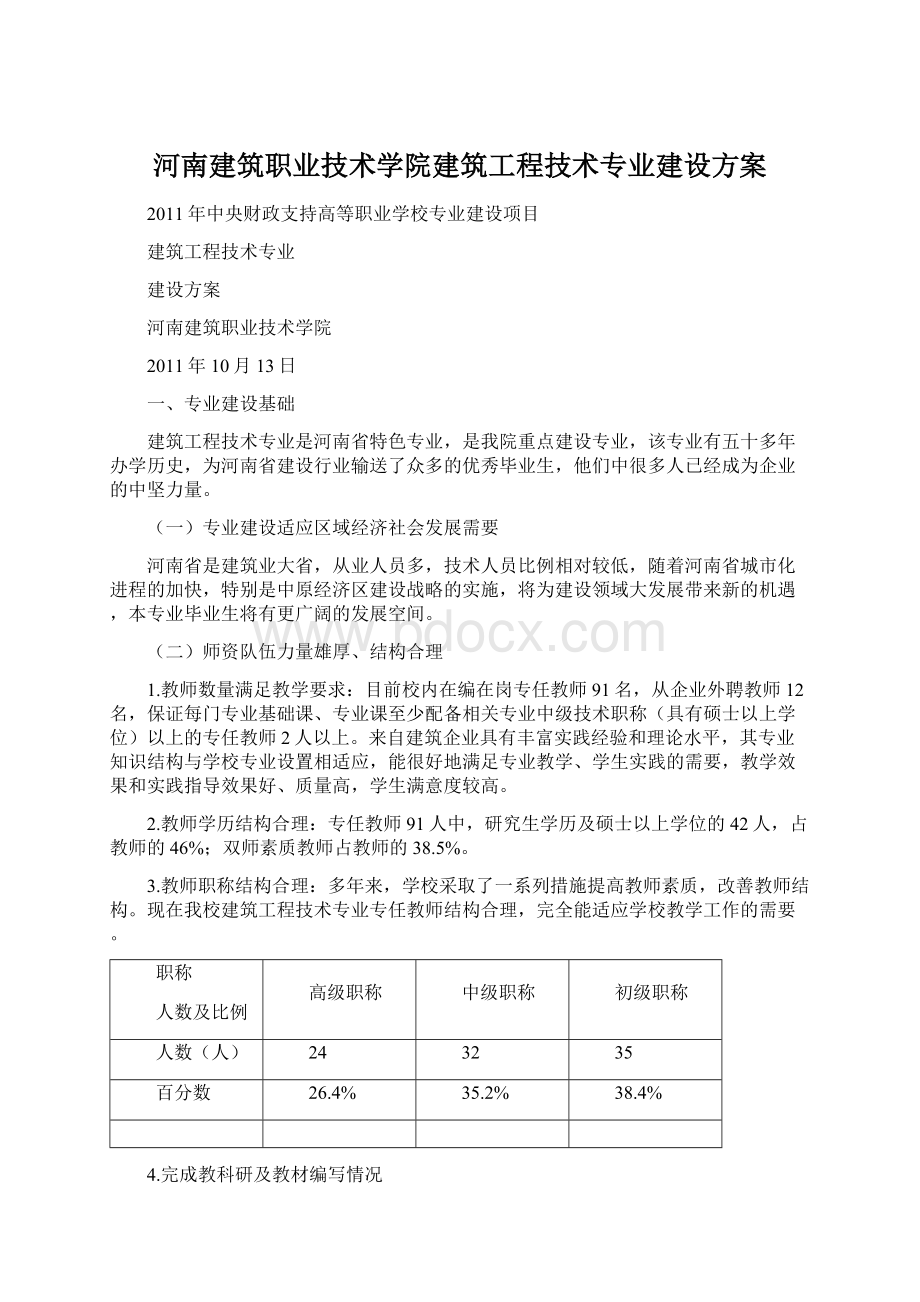 河南建筑职业技术学院建筑工程技术专业建设方案Word文件下载.docx_第1页