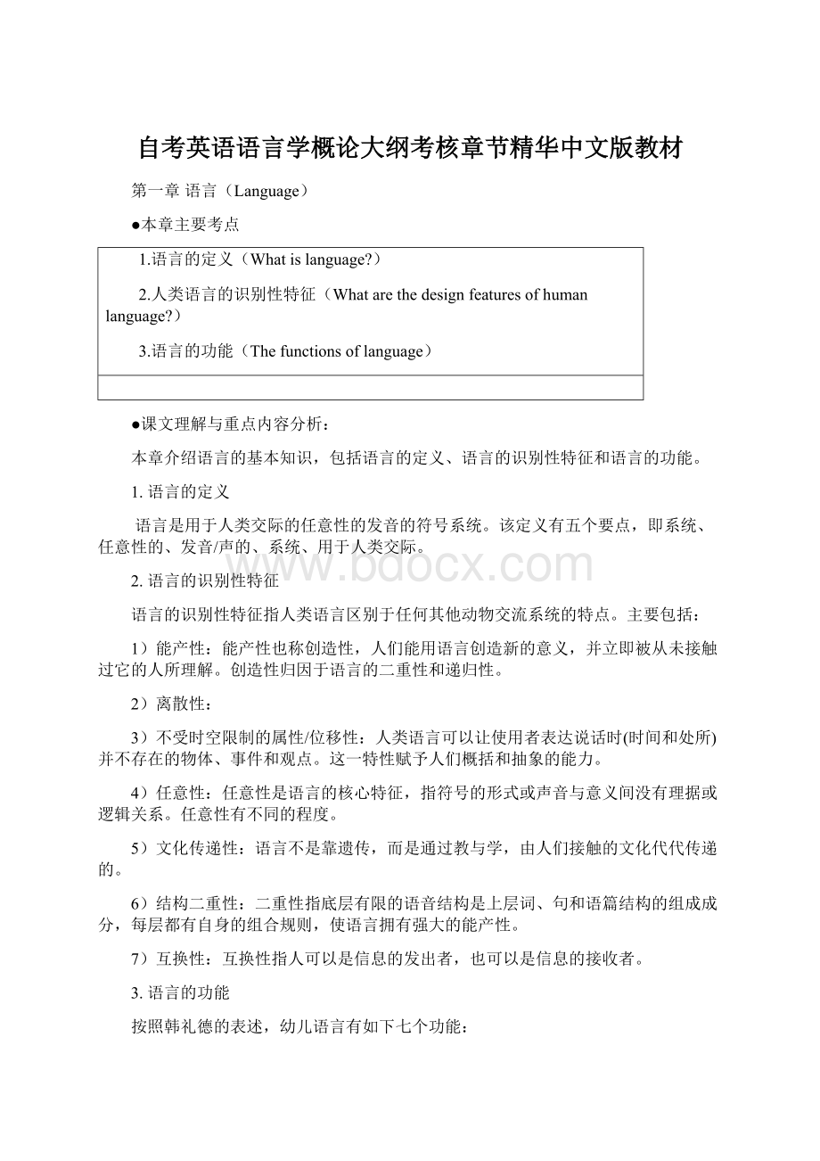 自考英语语言学概论大纲考核章节精华中文版教材文档格式.docx