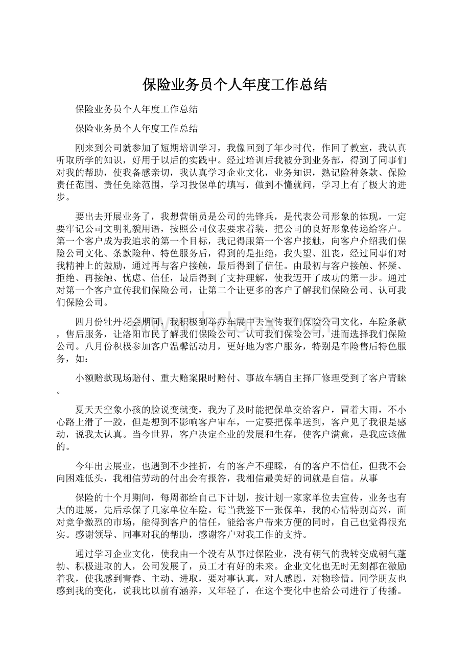 保险业务员个人年度工作总结Word文档下载推荐.docx_第1页