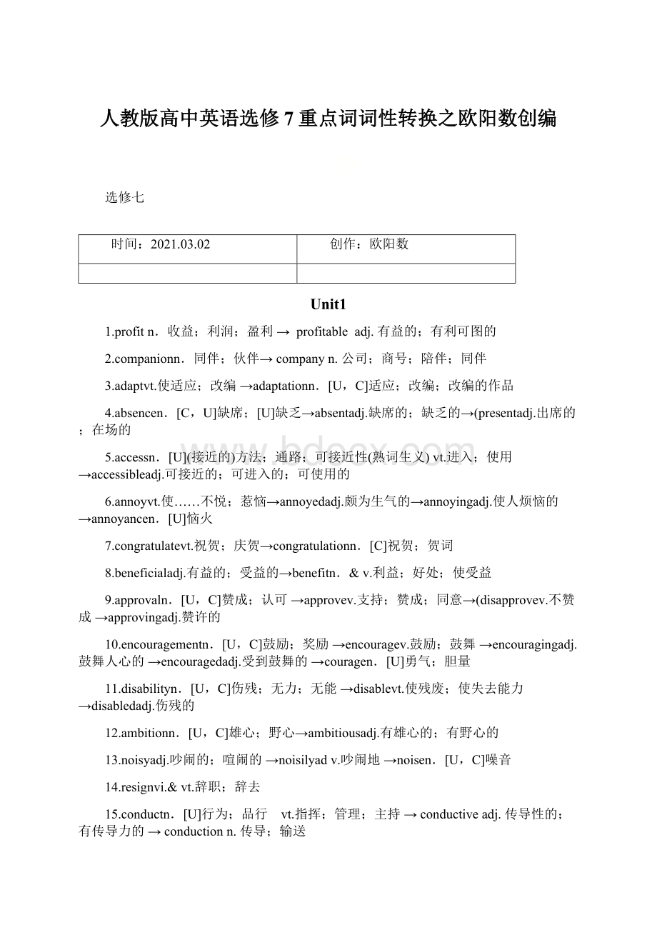 人教版高中英语选修7重点词词性转换之欧阳数创编Word文档格式.docx