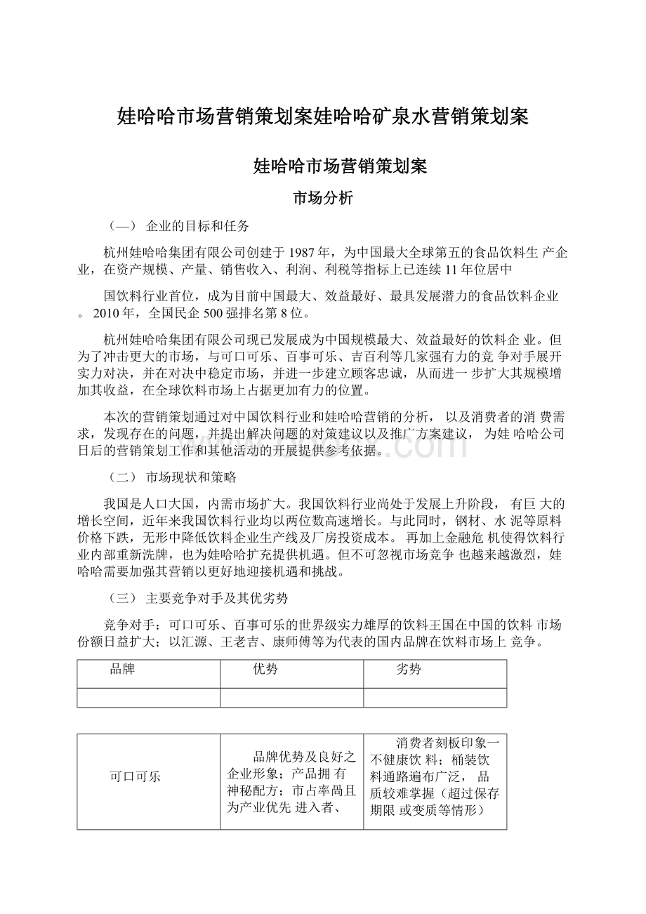 娃哈哈市场营销策划案娃哈哈矿泉水营销策划案文档格式.docx_第1页