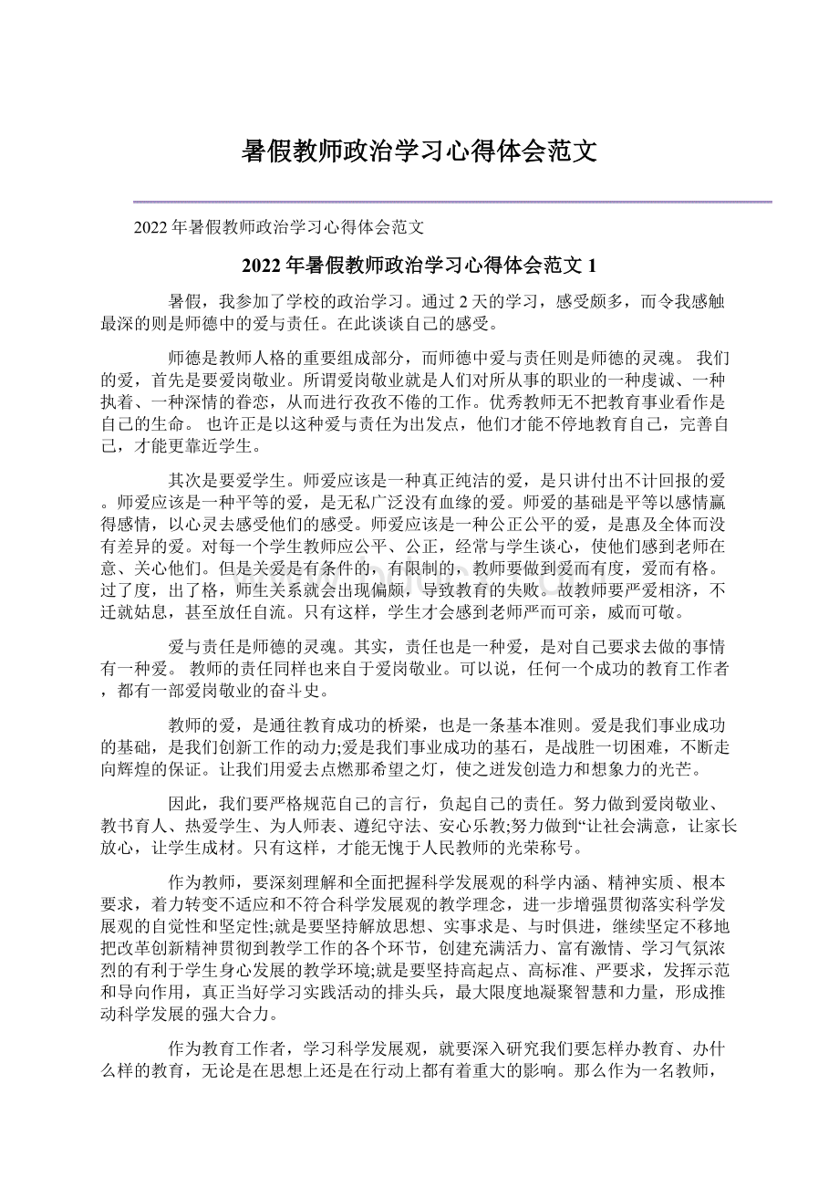 暑假教师政治学习心得体会范文Word格式文档下载.docx