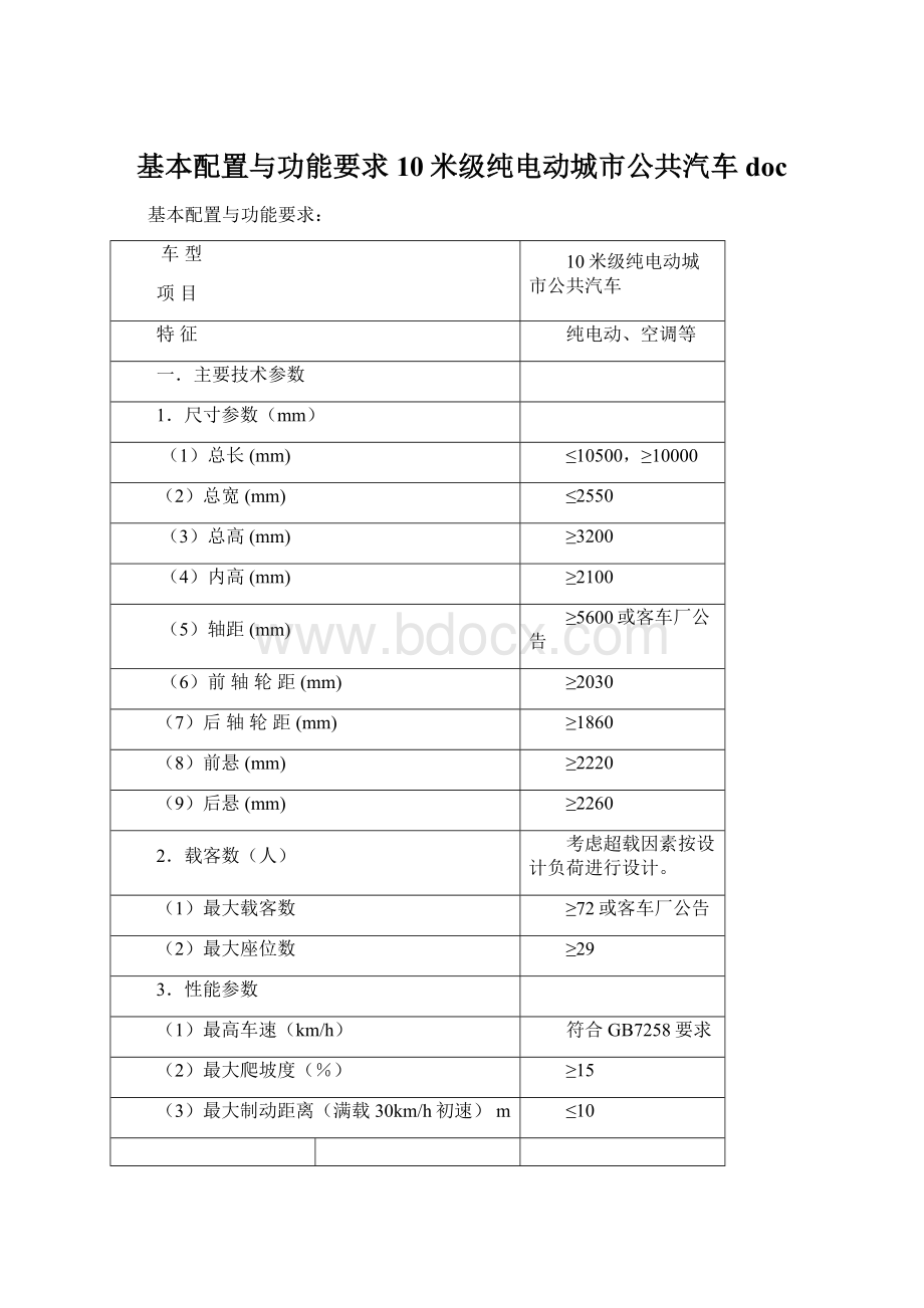 基本配置与功能要求 10米级纯电动城市公共汽车doc.docx