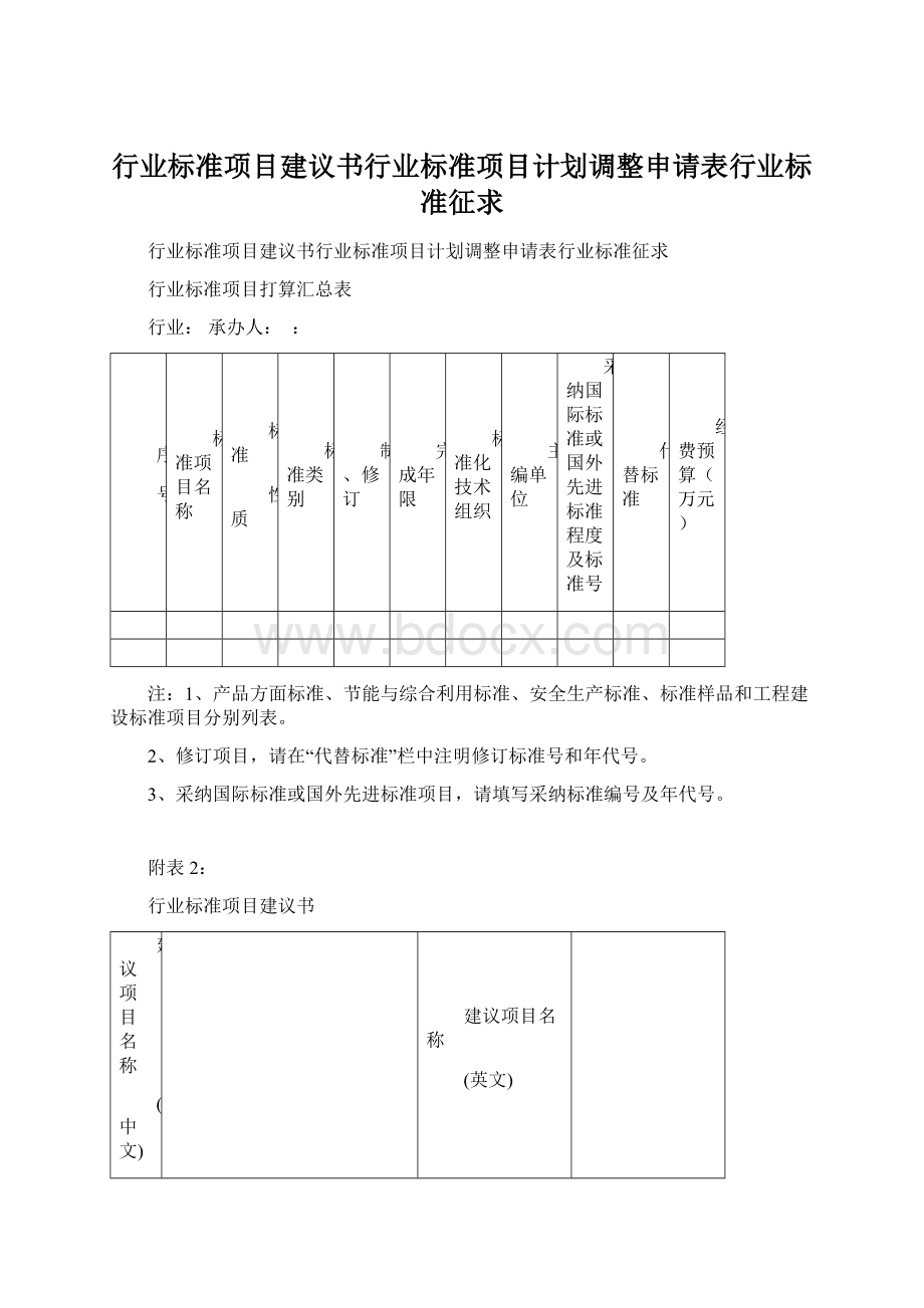 行业标准项目建议书行业标准项目计划调整申请表行业标准征求Word文件下载.docx_第1页