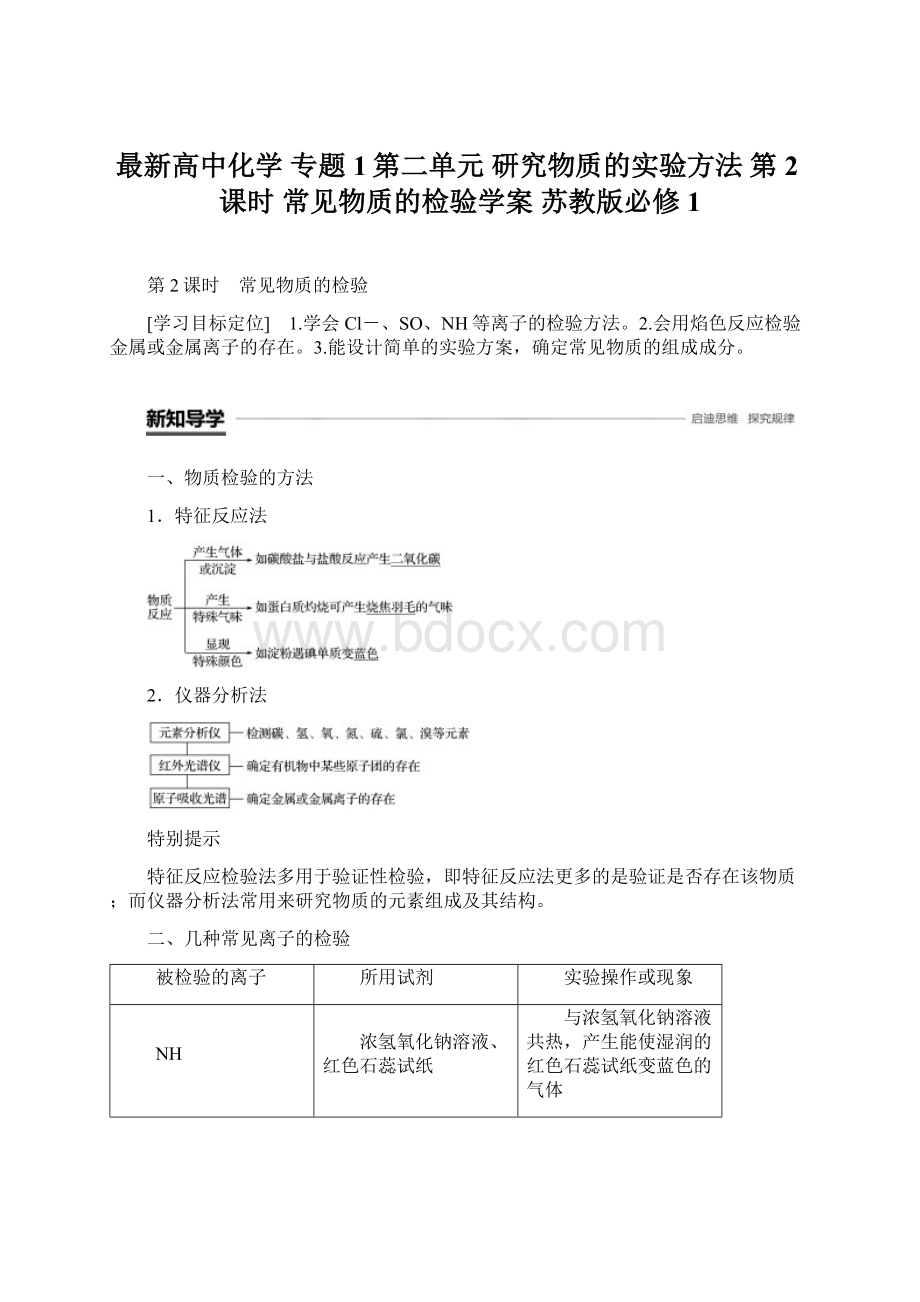 最新高中化学 专题1第二单元 研究物质的实验方法 第2课时 常见物质的检验学案 苏教版必修1.docx