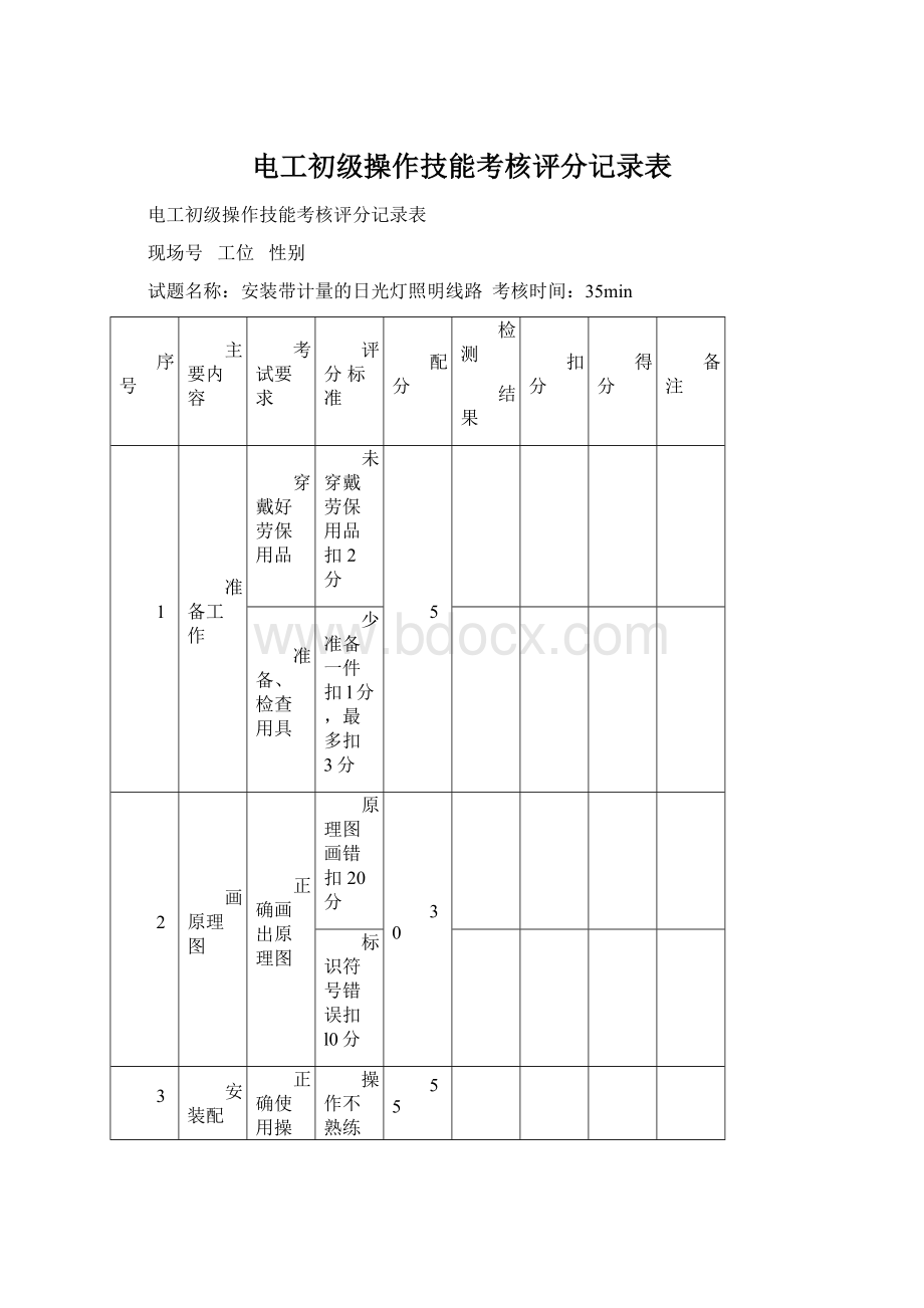 电工初级操作技能考核评分记录表.docx